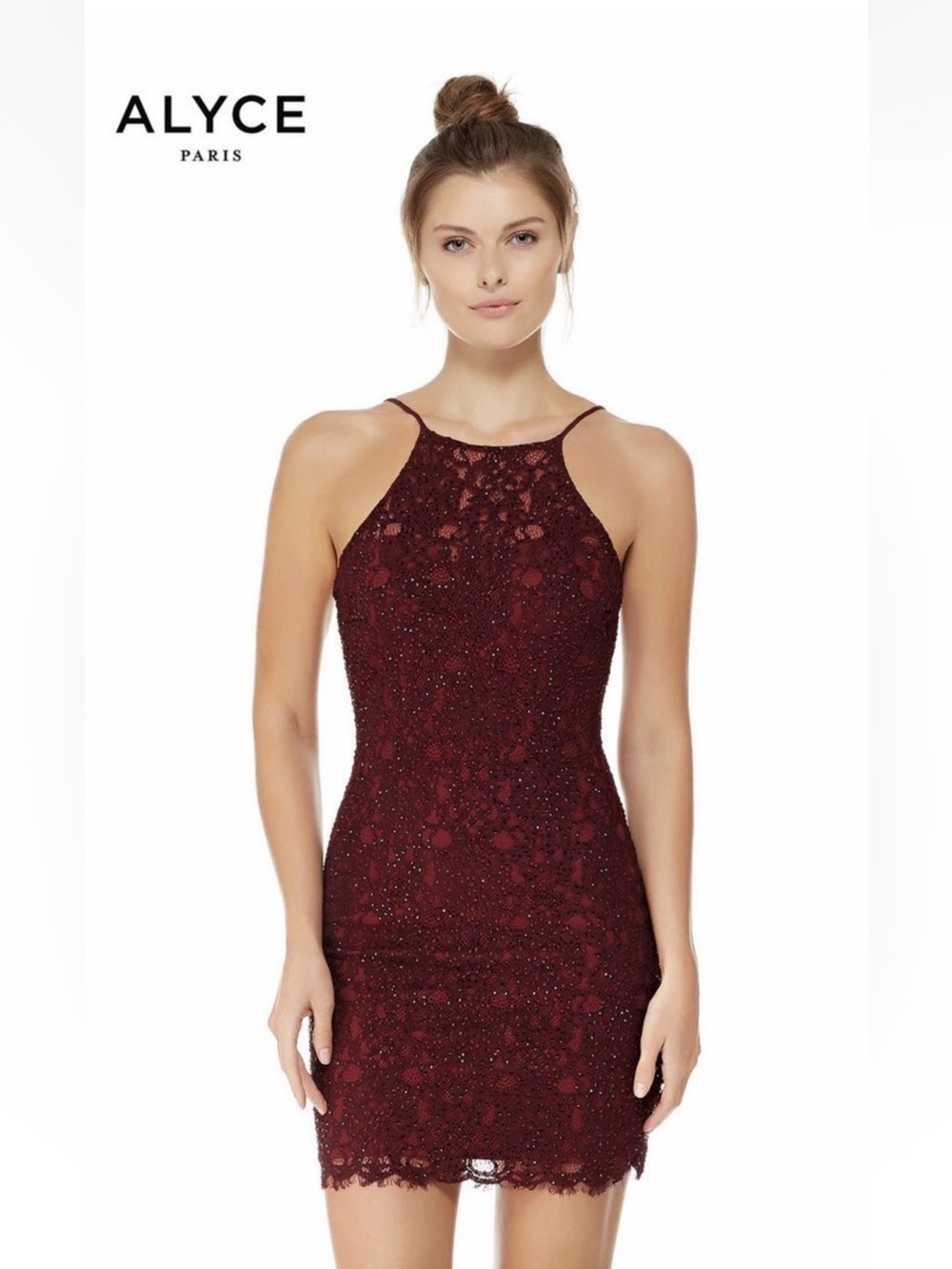 Alyce Paris Wine Lace Halter Mini Dress